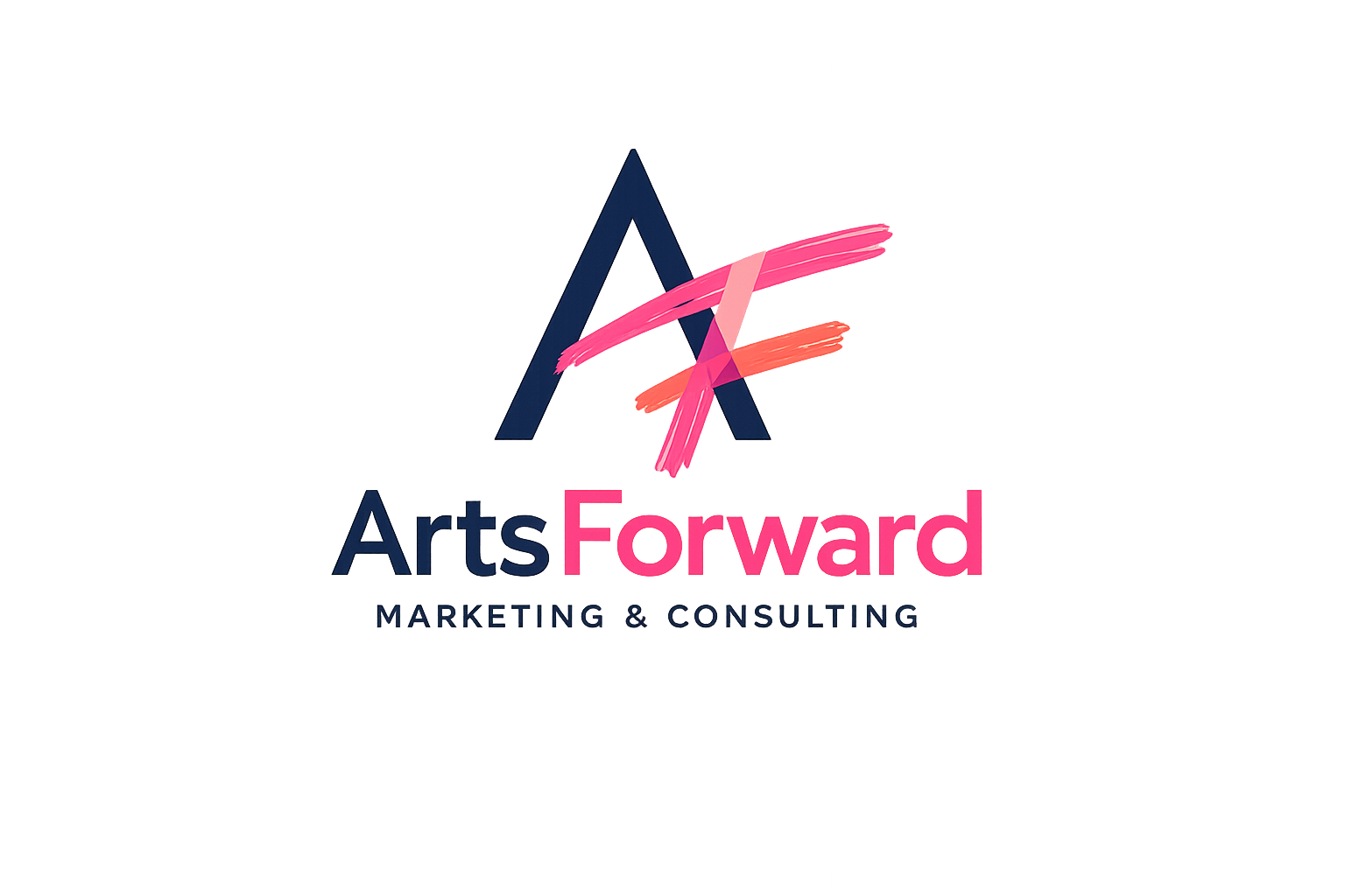 Neon sign with the logo and text for Arts Forward Marketing & Consulting, featuring a stylized pink and purple brush stroke art piece.