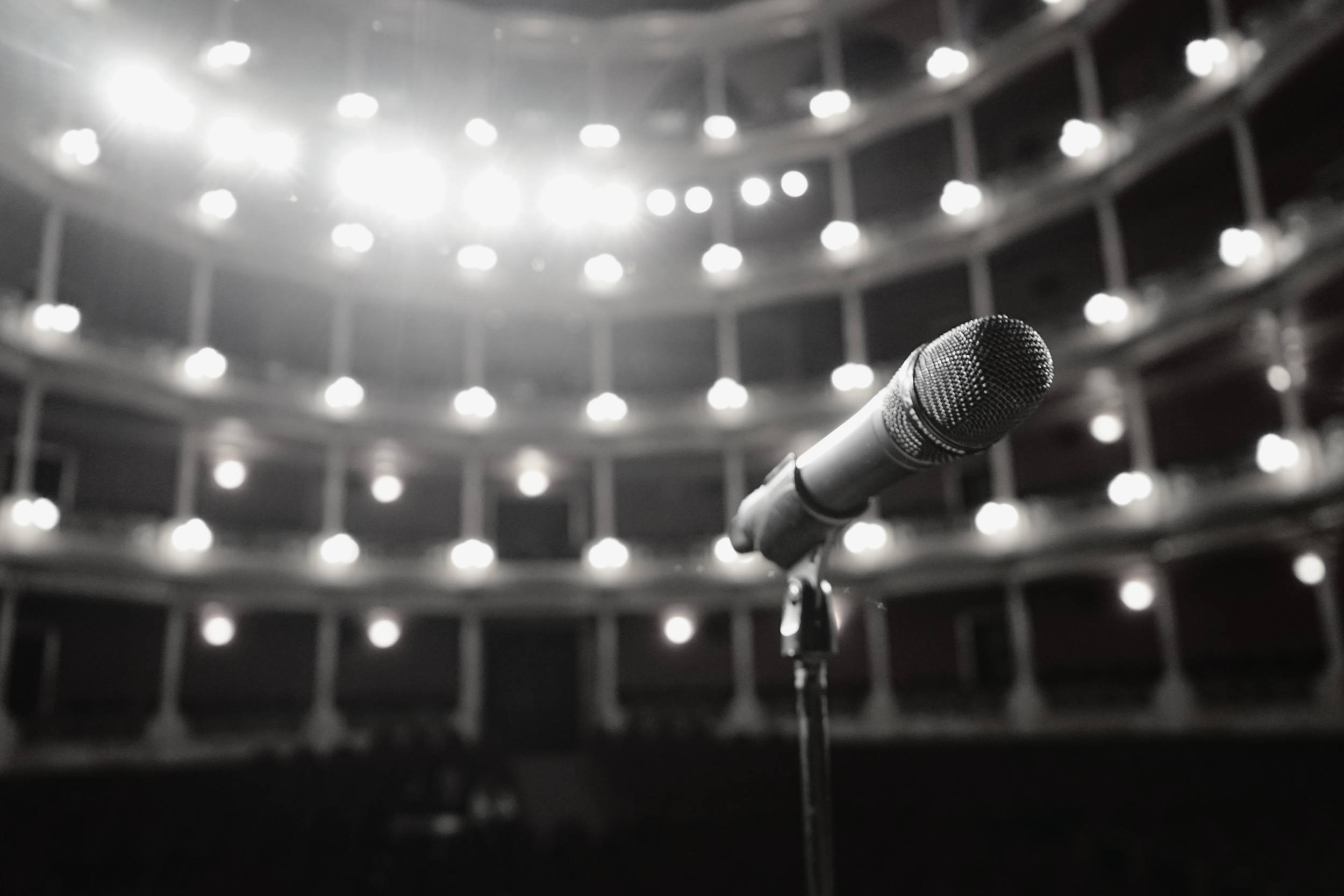 Strategic marketing and communications, audience development, brand consulting, and AI-informed marketing guidance for small-budget arts and cultural organizations. Pictured: A microphone on a stage with an empty theater in the background.