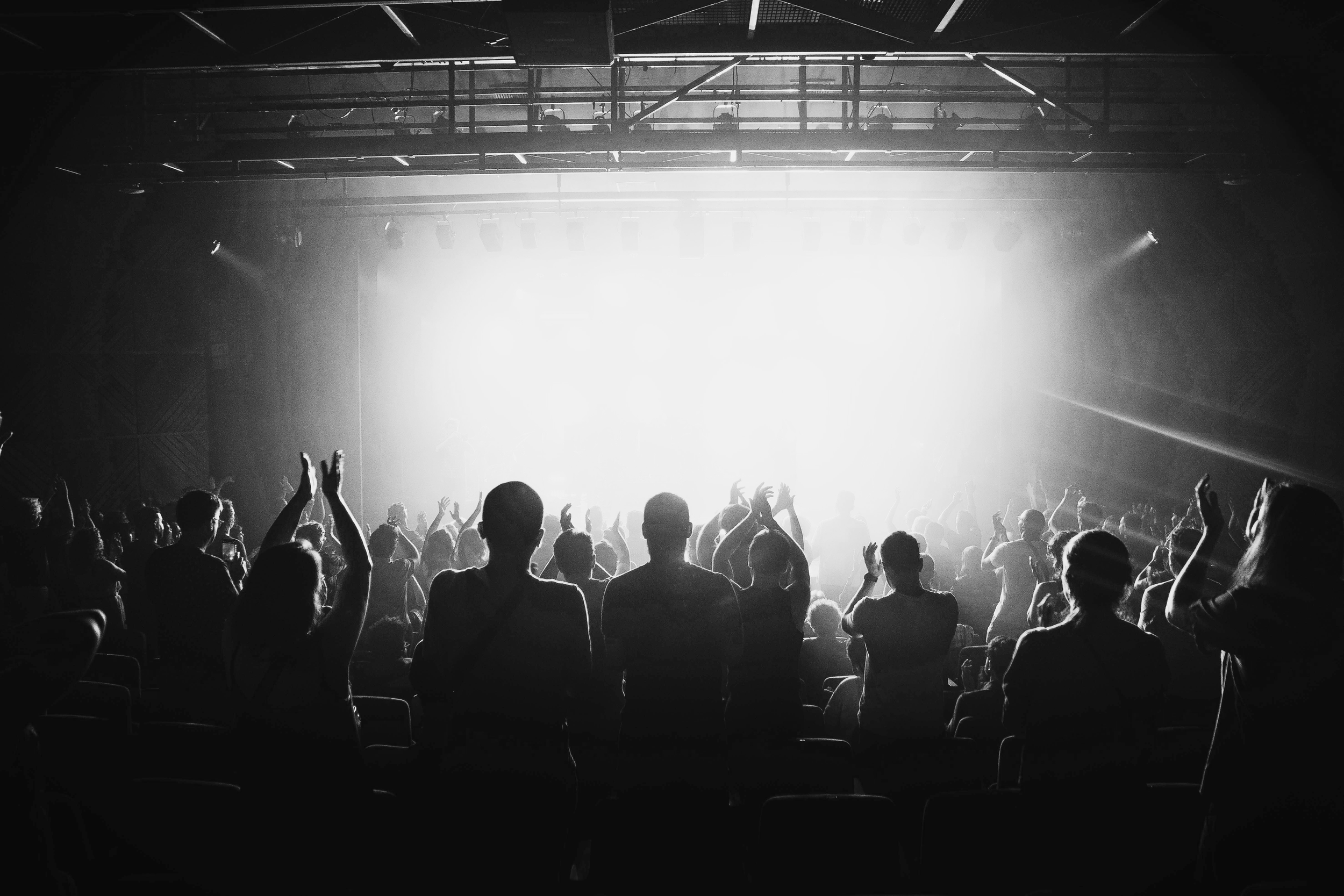strategic marketing and communications, audience development, brand consulting, and AI-informed marketing guidance for small-budget arts and cultural organizations. Pictured: audiences in a standing ovation.