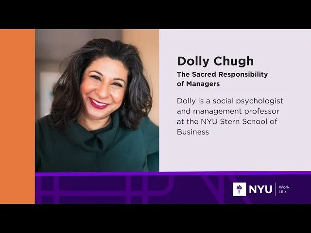 A professional headshot of Dolly Chugh with text describing her as a social psychologist and management professor at NYU Stern School of Business, titled 'The Sacred Responsibility of Managers.'