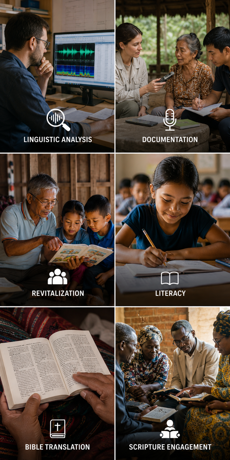 A collage of six photos depicting linguistic analysis, documentation, revitalization, literacy, Bible translation, and scripture engagement fieldwork.