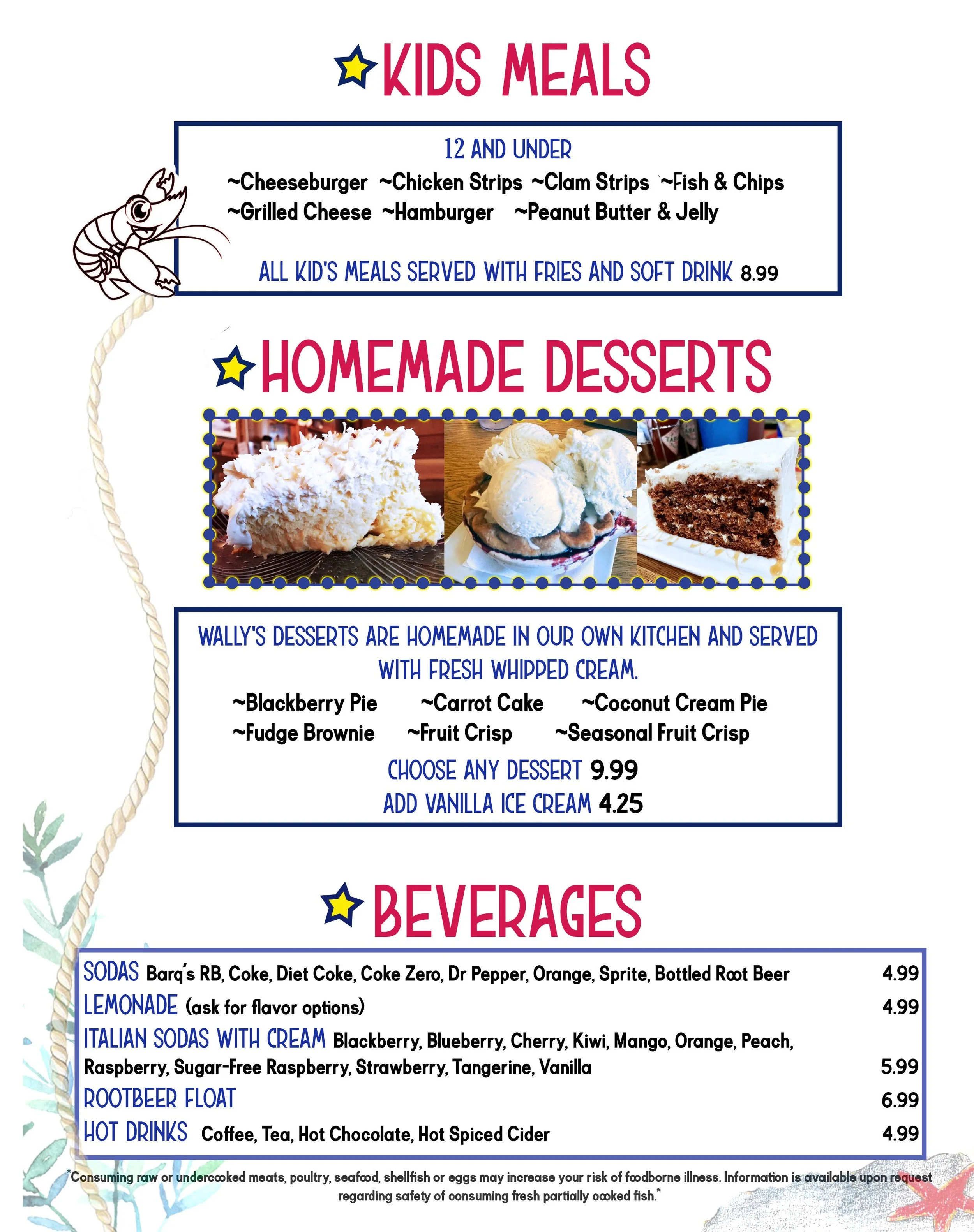 Wally's Chowder House Main Menu Kids Meals, Homemade Desserts, Beverages
