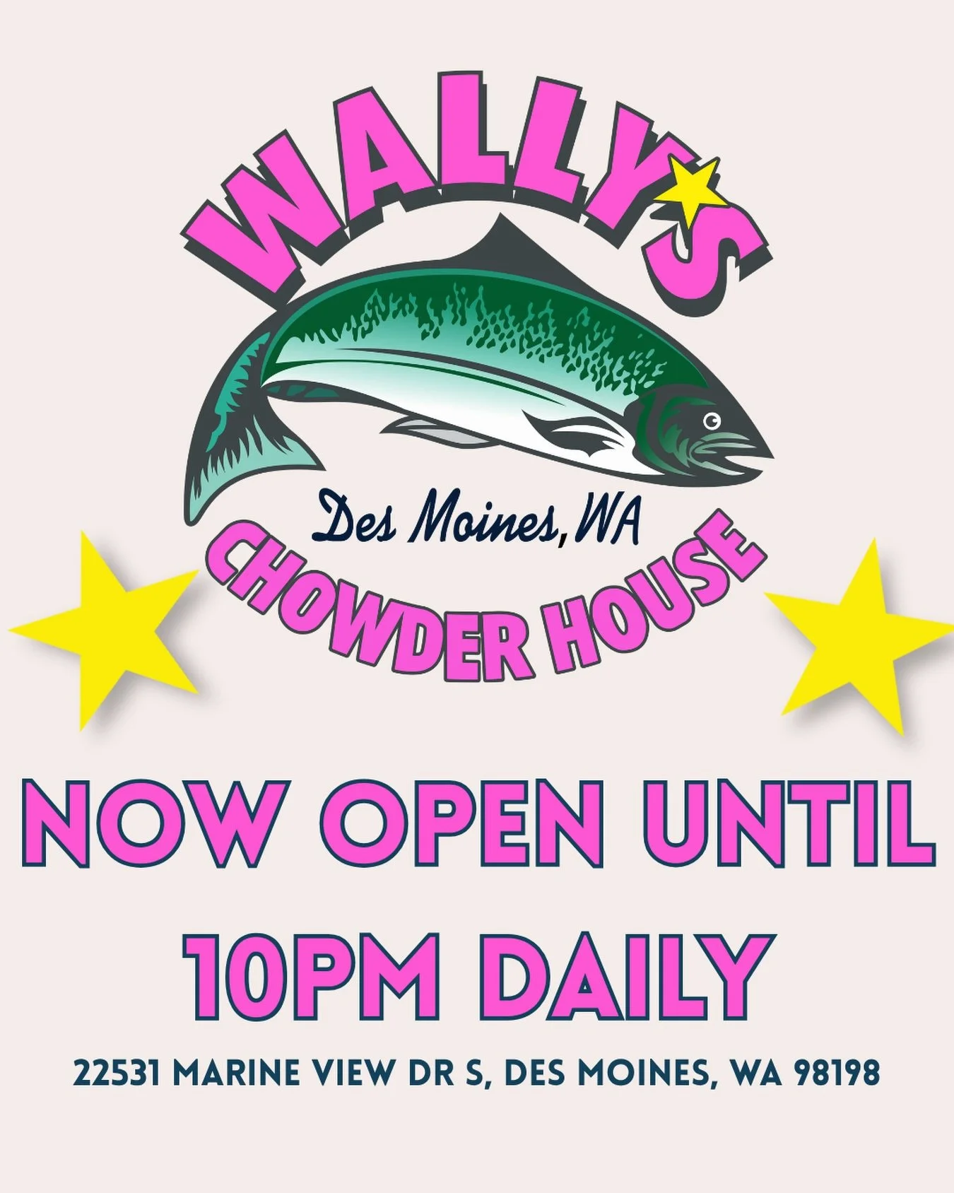 We keep hearing that food option close too early now. Not us.
You asked, we listened: we&rsquo;re now open until 10pm daily with the full menu and bar.
Come for dinner and stay a little longer!

#wallyschowderhouse #desmoines #eatlocalwa #chowder #op
