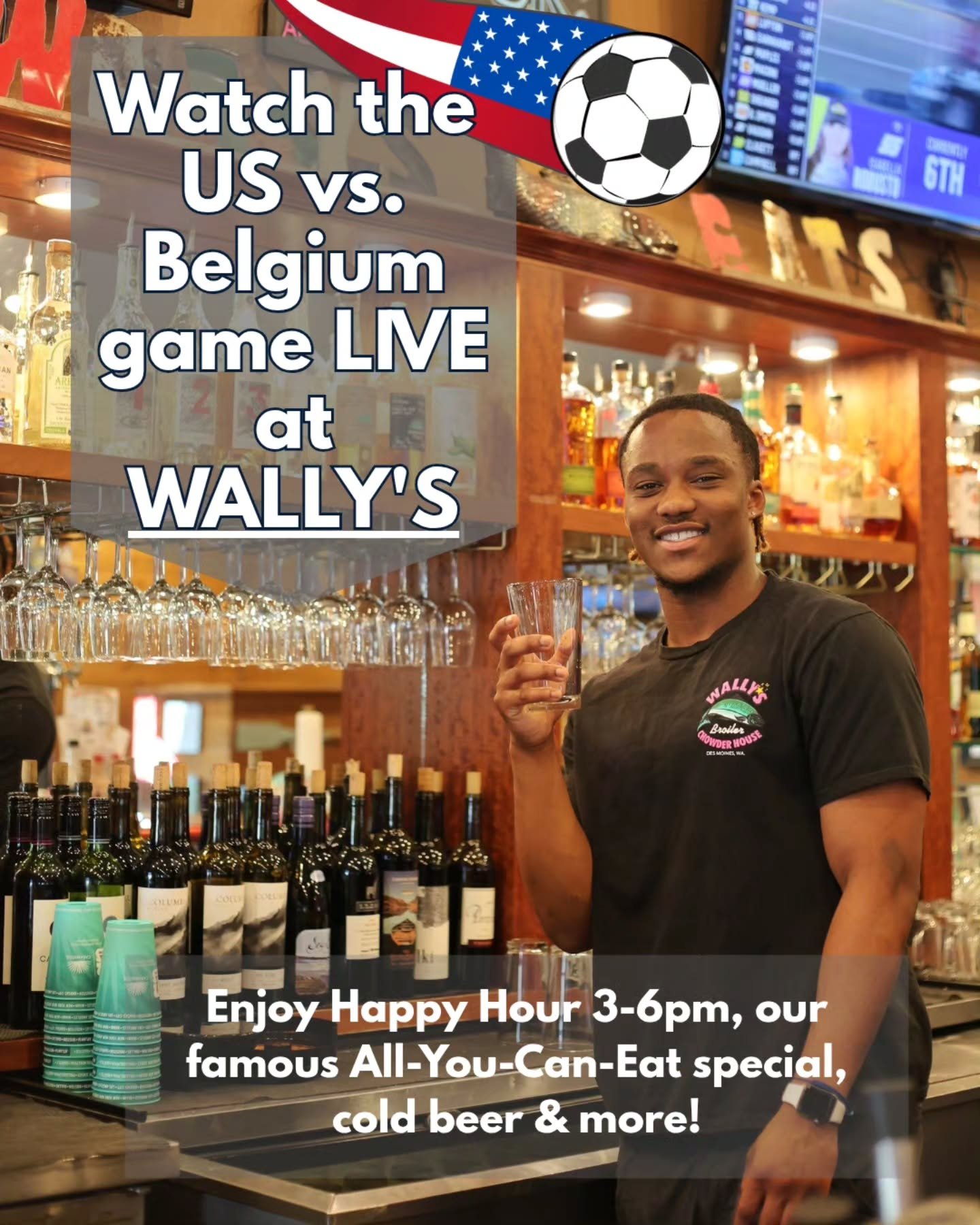 We are THE place to be for tonight's Round of 16 match! The US Men take on Belgium at 5pm while we have Happy Hour 3-6pm and our famous All-You-Can-Eat special for $5 off on Mondays.

Game will be shown on multiple TVs with full sound. Coldest beer i