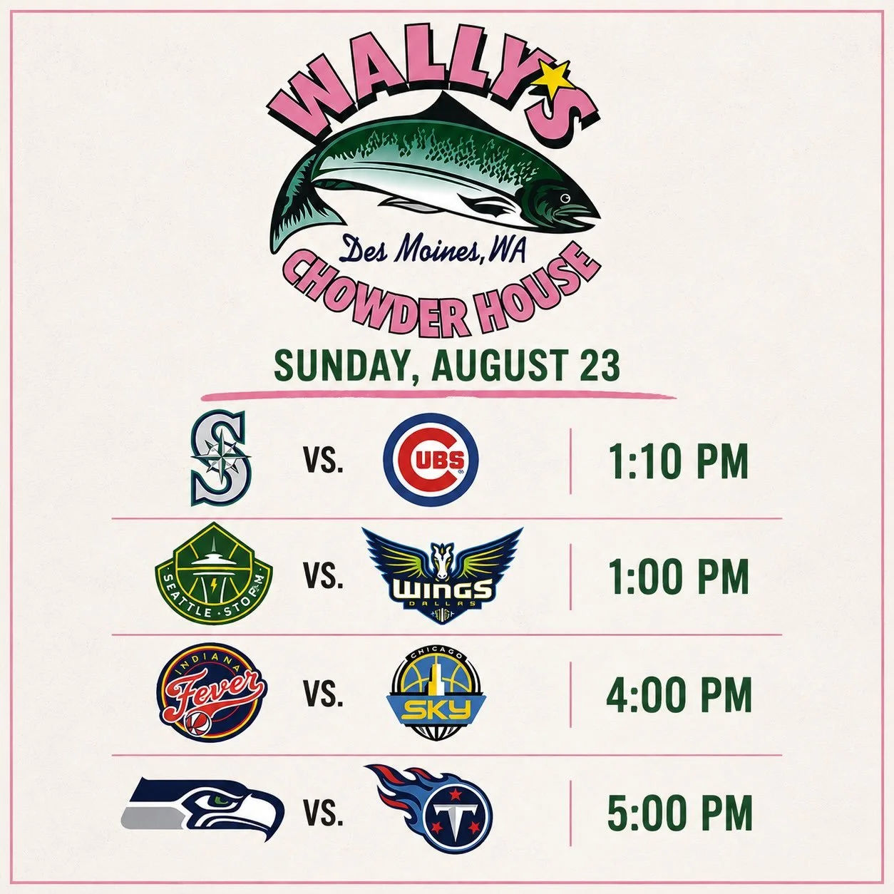 Big day for sports and you can watch the games at Wally&rsquo;s on our awesome new TV&rsquo;s while you eat the best seafood around and top it off with a great cocktail or a beer from our literally ice cold taps. 

#seattlesports #fishnchips #seahawk