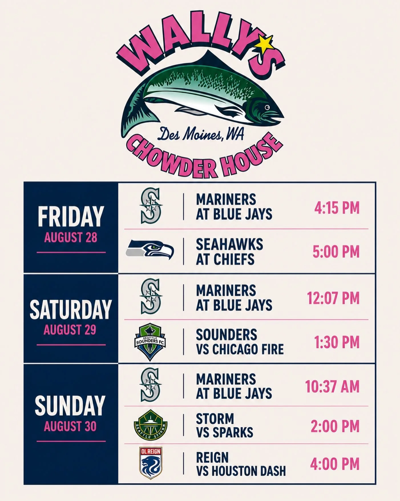 WATCH THE GAMES AT WALLY&rsquo;S!

We just put in awesome new TVs, our beer is ice cold, the bar is fully stocked, and there&rsquo;s amazing food coming out of the kitchen.

All You Can Eat Fish &amp; Prawns
Fresh Halibut
Cajun Prawn Pasta
Legendary 