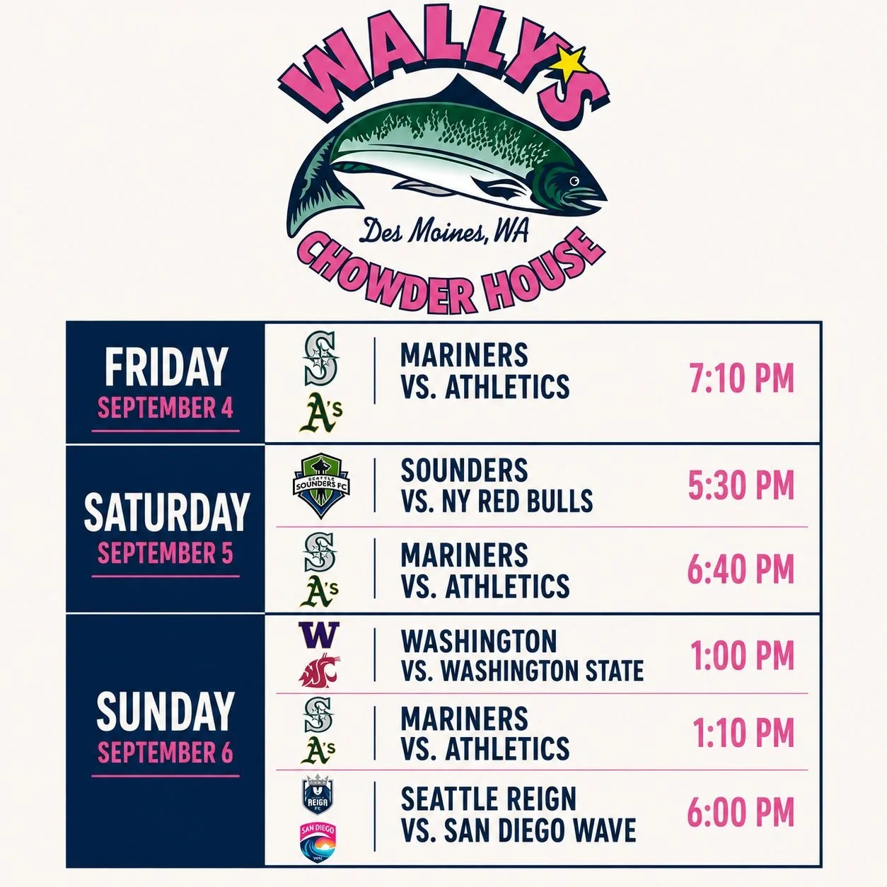 Big weekend for Seattle sports at Wally&rsquo;s!

The Mariners are home all weekend, the Sounders play Saturday night, and Sunday brings the Apple Cup at 1:00 PM, followed by the Mariners and Reign.

We&rsquo;ll have the games on, the chowder hot, th
