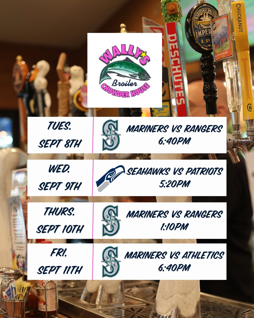 Seattle sports are in full swing⚾🏈🍻

We&rsquo;ve got a full week of Mariners &amp; Seahawks action coming your way!

There&rsquo;s no better place to catch the game than Wally&rsquo;s. Grab a bowl of chowder, an ice cold beer and get ready to root 