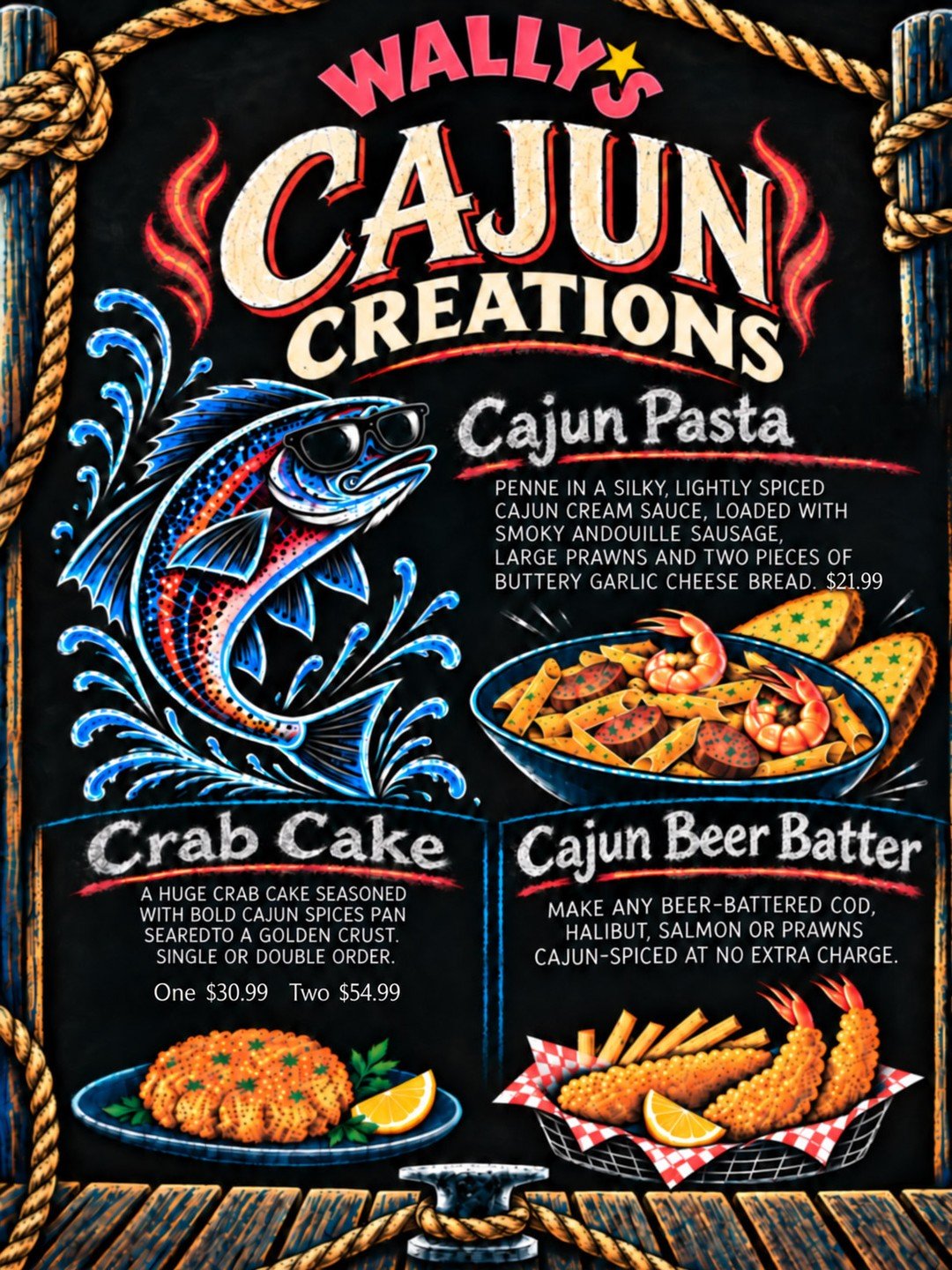 Add some spice to your life - starting today! 🔥
For a limited time, Wally's is firing up some finger-lickin' Cajun specials. 

Try the Cajun Penne Pasta with smoky Andouille sausage, prawns and a decadent cream sauce. Indulge in a Crab Cake (or two)