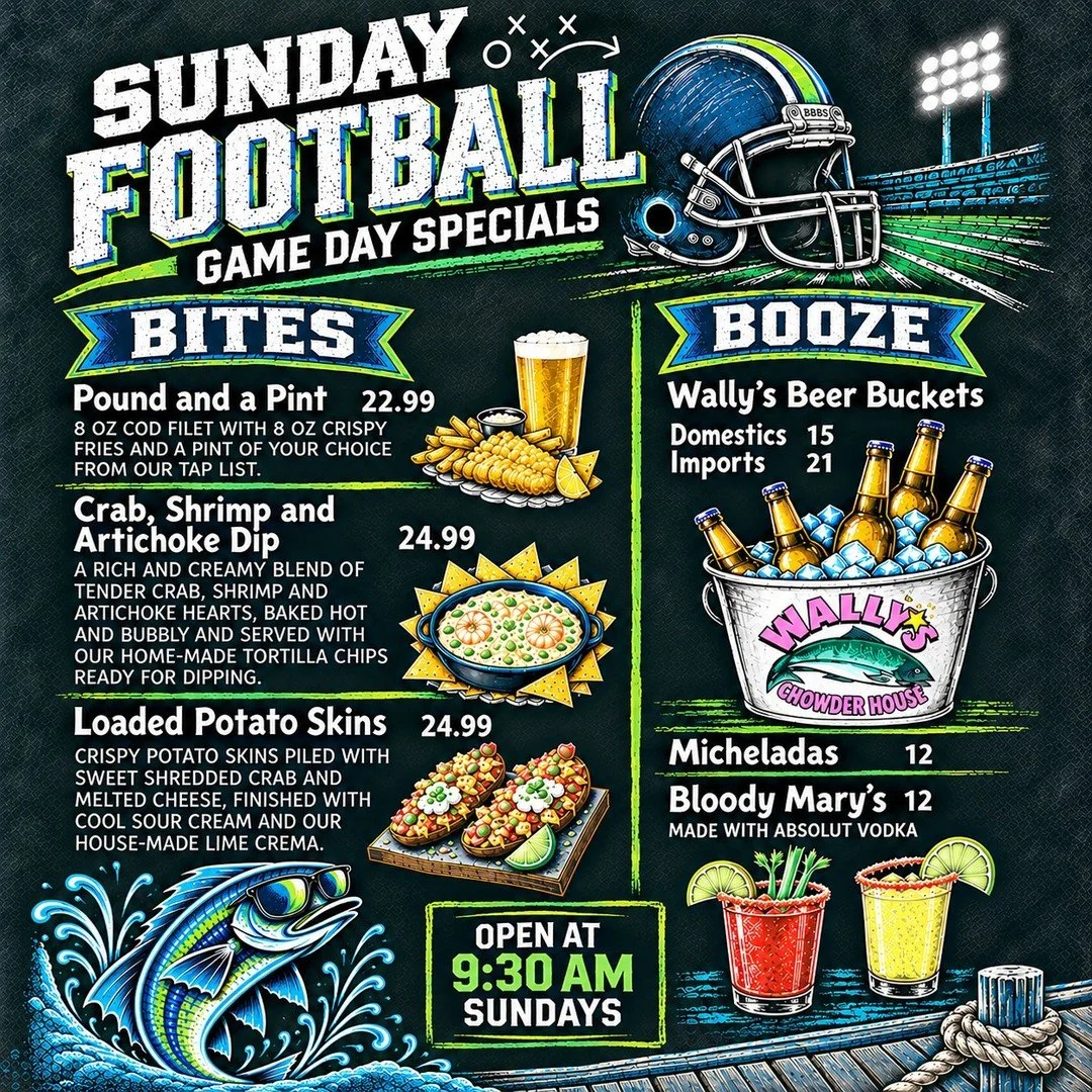 Presenting our Game Day Specials! 

Join us for new bites, new deals and a whole new Sunday opening time (9:30 am!) to accommodate for the early NFL games! 🏈🍻 

Happy Football Season, friends! 

#desmoineswa #wallyschowderhouse #footballseason #nfl