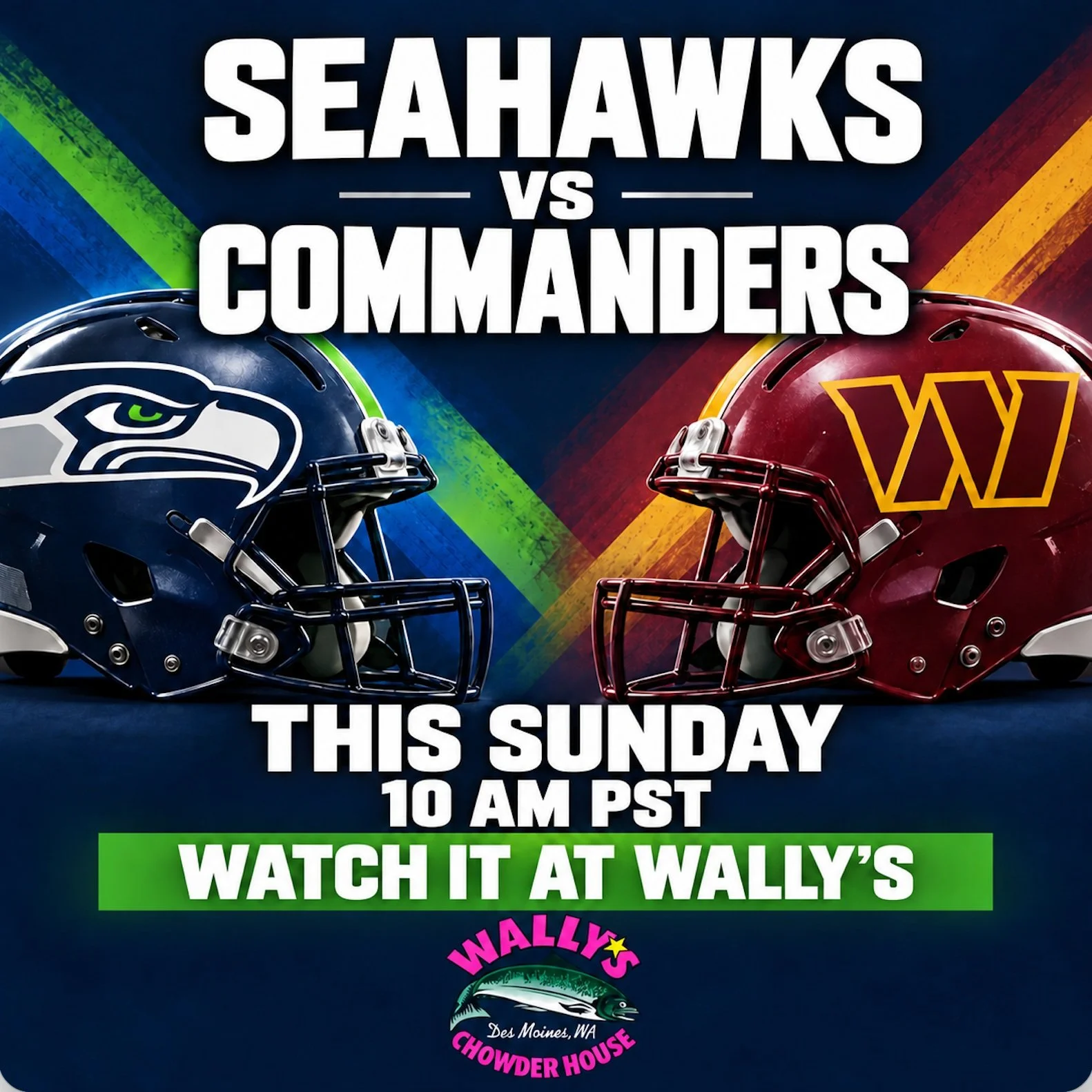 Seahawks take on the Washington Commanders this Sunday 9/27 at 10am and Wally's is ready!

In fact, we open early (9:30am) every Sunday during football season so that you can grab a seat in time for kick off.

We're the spot to watch with:

🏈 Live T