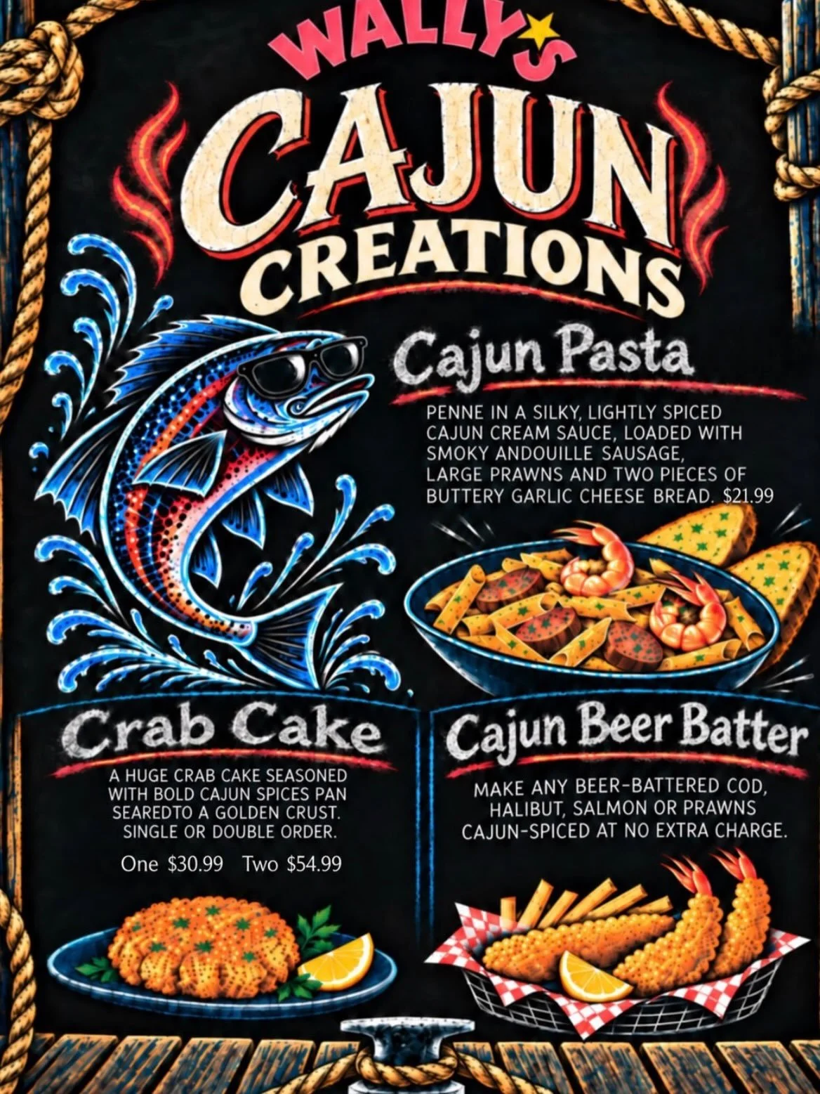 Our Cajun specials are here for a limited time! 🔥

Our Cajun Penne Pasta is already one of our best sellers - with spicy Andouille sausage, large Cajun spiced prawns, rich Cajun cream sauce and garlic cheese bread.  Or dig into our huge, golden-crus