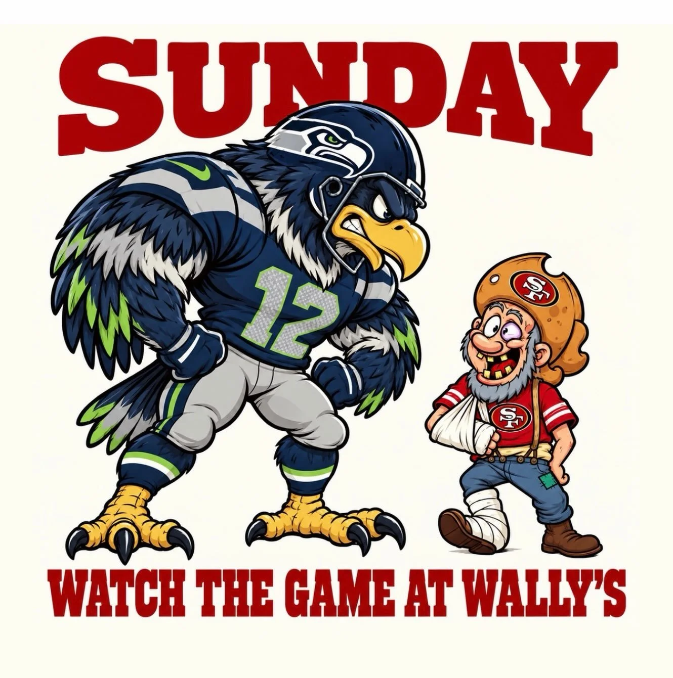 Sunday Football at Wally&rsquo;s!

We have 5 brand new very large screens to watch your favorite football teams on. We open at 9:30am so you can catch the early games and then 

SEAHAWKS 

vs 

49ers

1:25pm!!

Game of the season so far. Come join us