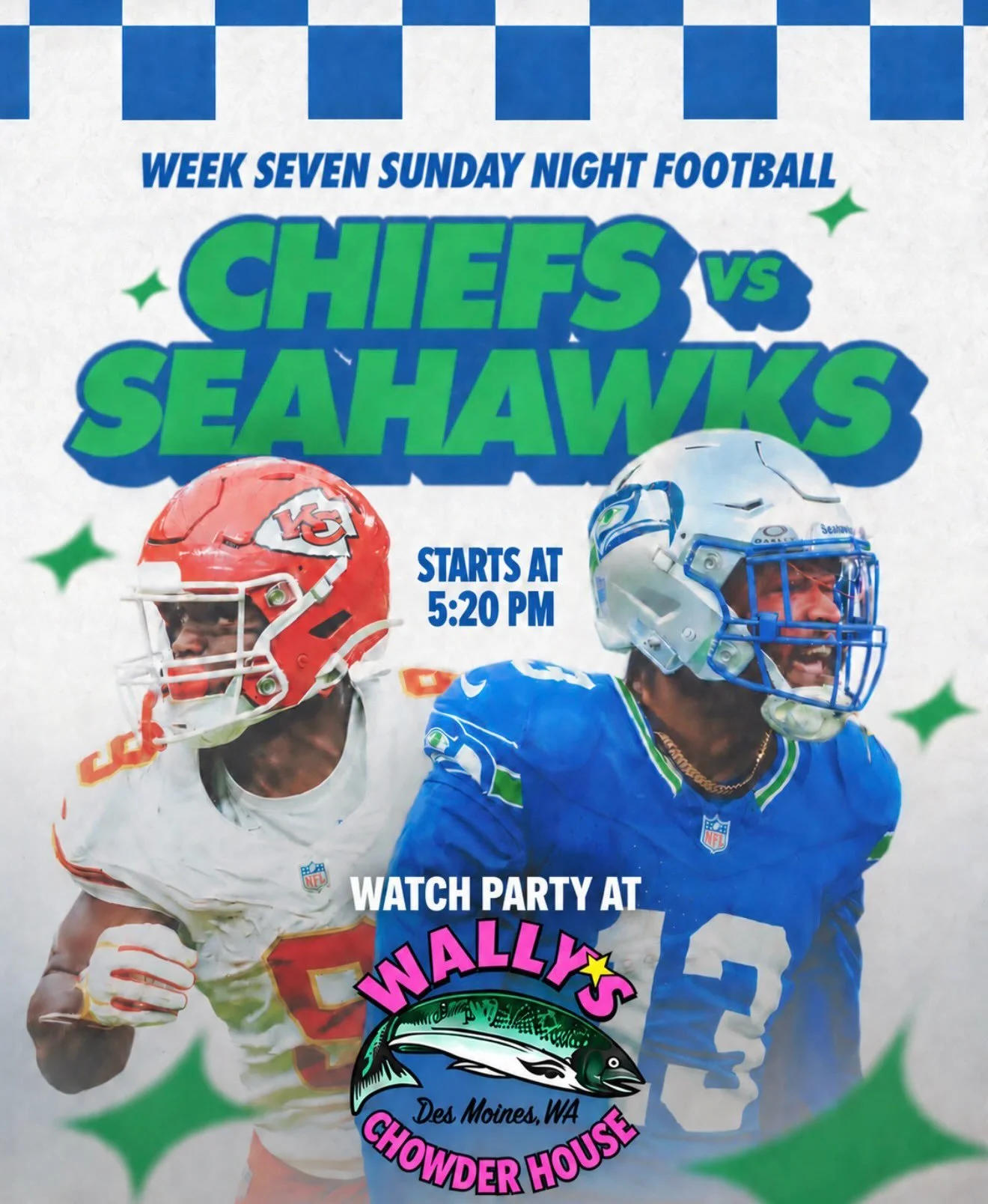 SUNDAYS ARE FOR FOOTBALL, GREAT FOOD &amp; ICE-COLD BEER AT WALLY&rsquo;S! 

We open at 9:30 AM EVERY SUNDAY for NFL football, with FIVE BRAND-NEW BIG-SCREEN TVs so you won&rsquo;t miss a minute of the action!

🔥 THIS SUNDAY NIGHT: SEAHAWKS vs. CHIE