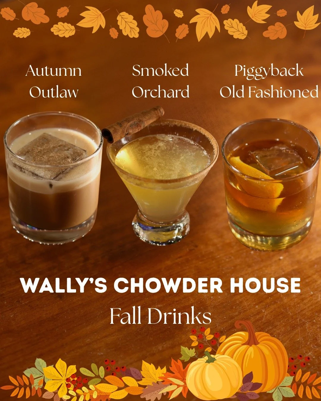The fall season calls for some cozy fall drinks! Try out our new fall cocktail menu available starting today, Friday October 30th: 

🍂 The Autumn Outlaw - Rumchata, Ketel One Vodka, Kahl&uacute;a and cream, topped with cinnamon sugar

🍎 Smoked Orch