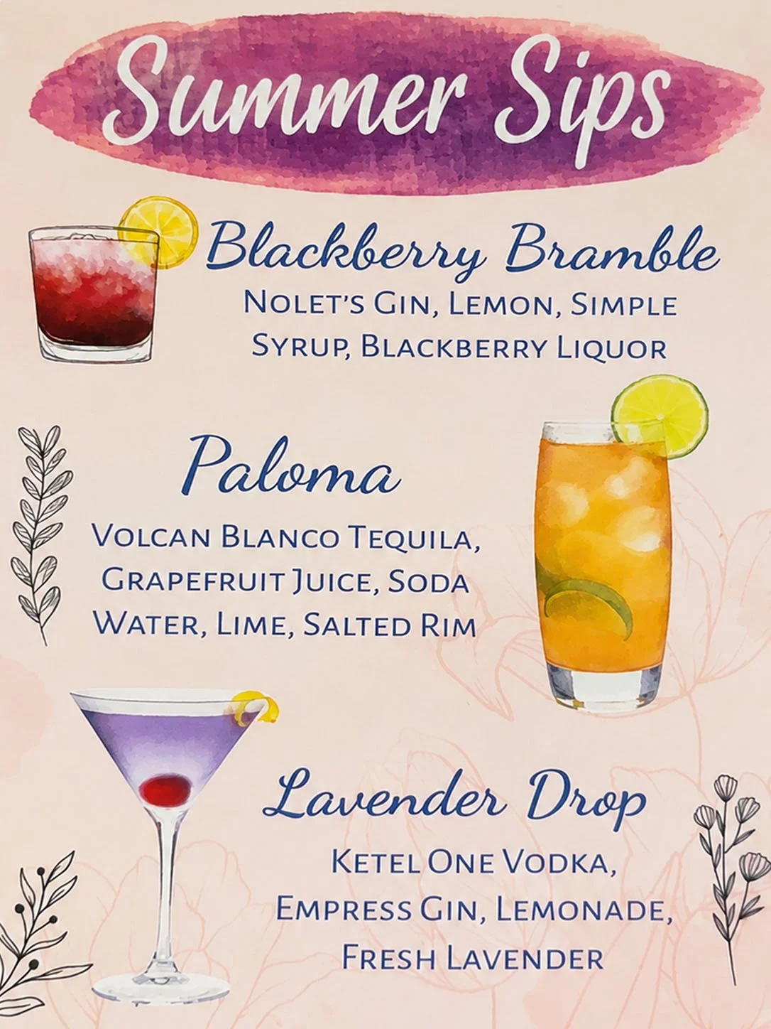 A menu titled 'Summer Sips' listing three cocktails with ingredients and colorful illustrations of each drink and lemon slices.