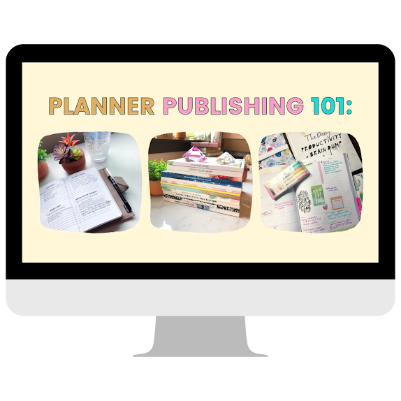 Slide titled "PLANNER PUBLISHING 101" with three images: an open planner with plants and a water glass, a stack of published planners, and a notebook with colorful notes and a roll of washi tape.