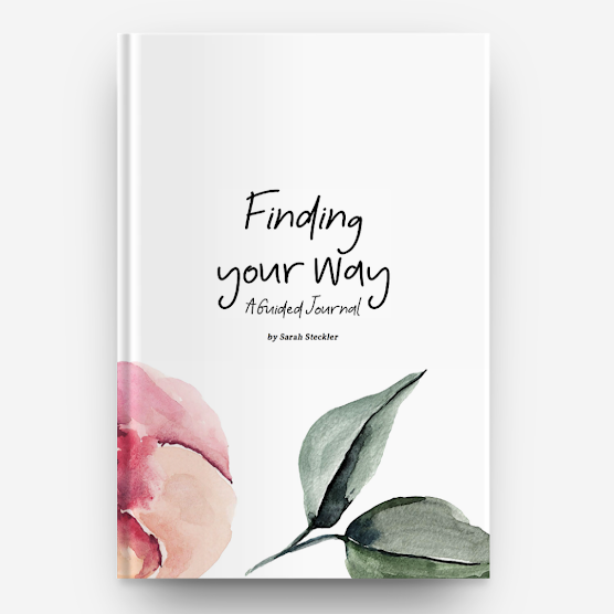Cover of a guided journal titled 'Finding Your Way' by Sarah Steckler, featuring watercolor floral illustrations of pink and green leaves.