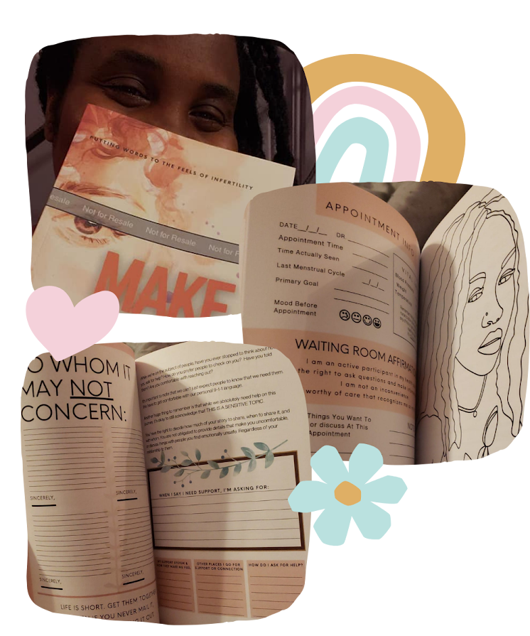 Person holding an open booklet and a program, smiling. The booklet contains appointment information, a section for concerns, and a support request form. The program features a line art portrait of a woman.