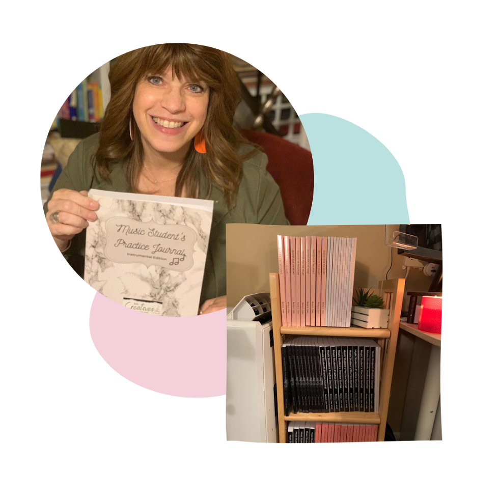 A woman holding a practice journal titled 'Music Student's Practice Journal' and smiling at the camera. Behind her are bookshelves.