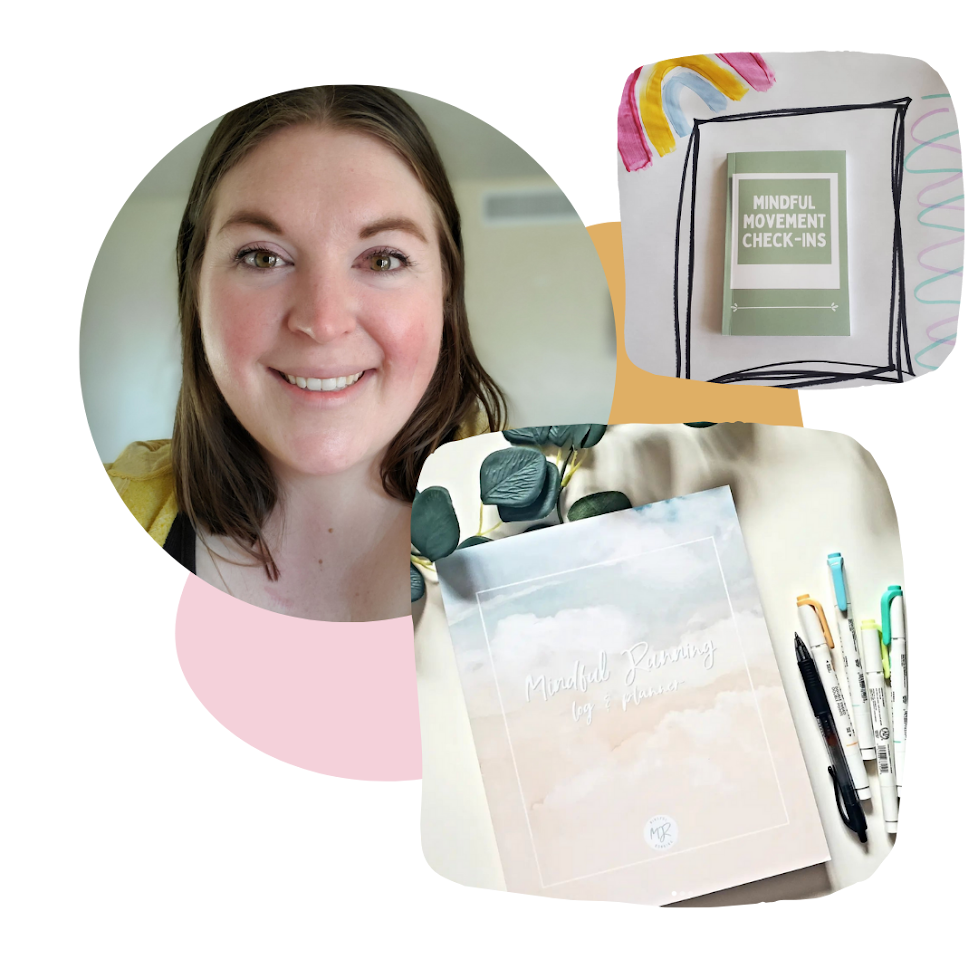 A woman smiling with various stationery and a book titled 'Mindful Planning' on a table, with a small booklet titled 'Mindful Movement Check-Ins' nearby.