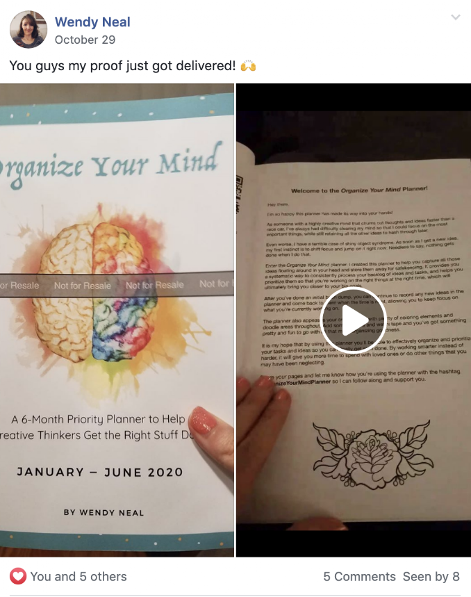 Proof of delivery notification for a planner titled 'Organize Your Mind' by Wendy Neal, with a cover page featuring colorful brain illustration and agenda from January to June 2020.