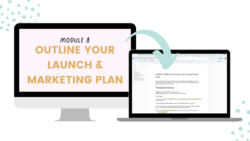 Two computer screens with a marketing plan overview on the left and an email draft on the right, with a blue arrow pointing from the left screen to the right.