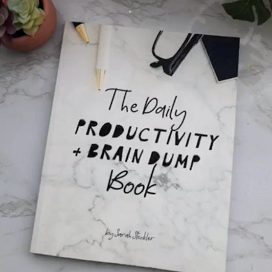 Cover of a book titled "The Daily Productivity + Brain Dump Book" on a marble surface, with pens and a small plant nearby.