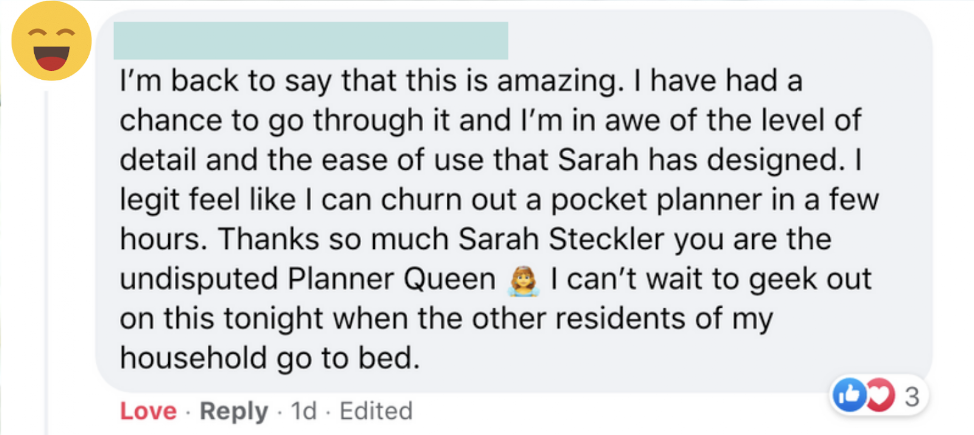 A screenshot of a Facebook comment praising Sarah Steckler's pocket planner design, expressing excitement and gratitude, with a laughing emoji reaction.