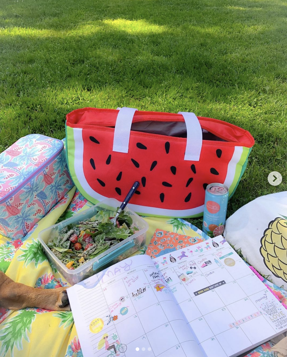 A summer picnic setup on a colorful blanket with a watermelon-shaped bag, a salad container, a can of sparkling water, and a calendar with handwritten notes, surrounded by grass.