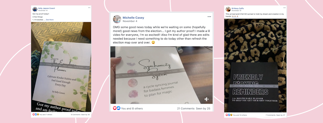 Collection of three social media posts showcasing personalized planners and journals. The first features a planner titled 'The Empowerment Planner' with a green leafy cover design. The second highlights a journal called 'Synchronicity Journal' in someone's hand. The third displays a black weekly planner titled 'Friendly Reminder' with a leopard print background.