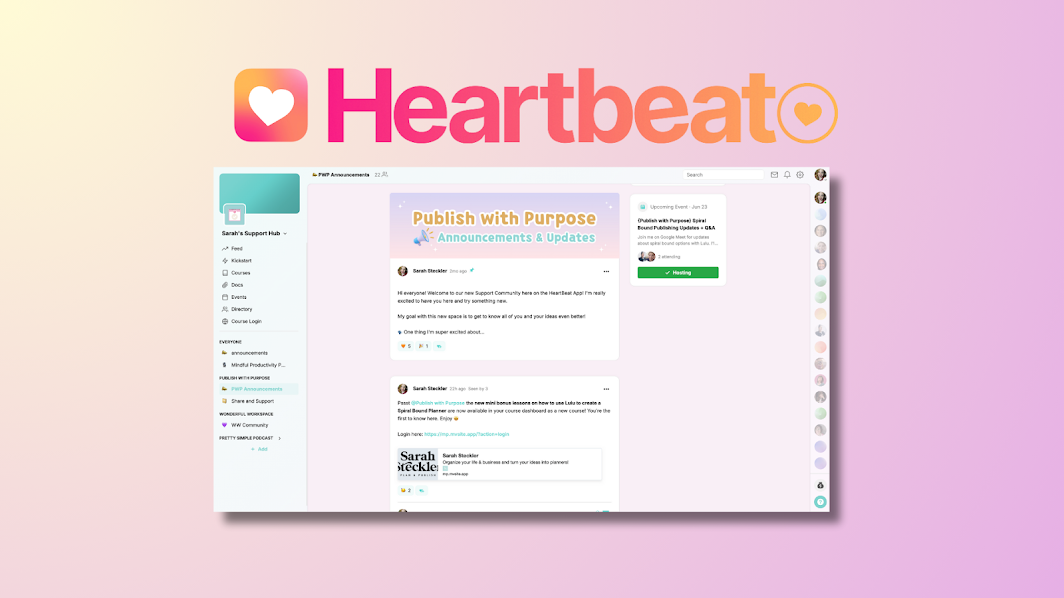 Screenshot of a digital platform called Heartbeat with a pink and orange logo featuring a heart icon. The interface shows a support hub with menus, posts about announcements and updates, and various user icons on the right side.
