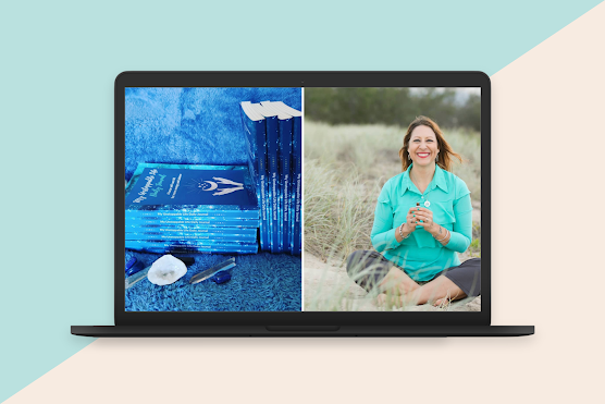 A laptop screen split into two parts; the left side shows a close-up of blue brochures and a white stone, the right side shows a woman sitting outdoors on grass, smiling and holding a cup.