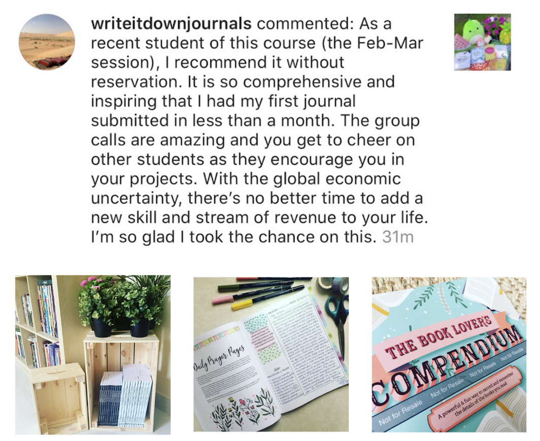 Collage of items related to journaling and reading, including a bookshelf with books and potted plants, an open journal with pens and scissors, and a colorful book titled 'The Book Lover's Companion'