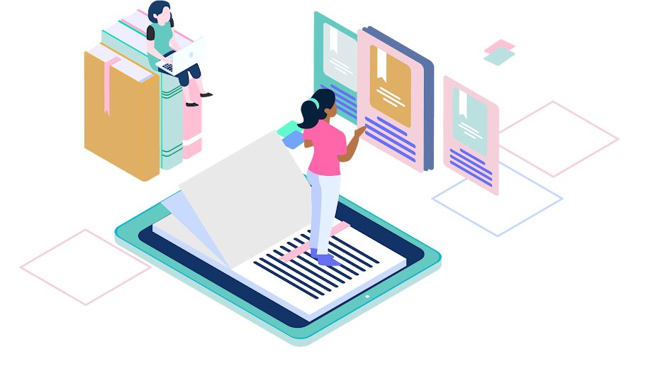 Digital illustration of women sorting and reading digital documents and emails on a tablet and computer screens.