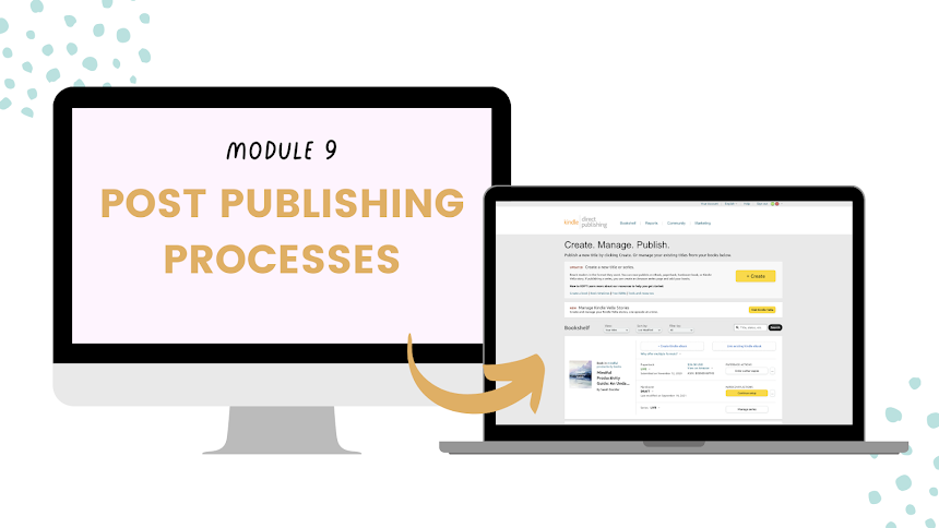 Digital illustration of a computer monitor displaying 'Module 9 Post Publishing Processes' and a laptop showing a publishing interface, connected by an arrow.