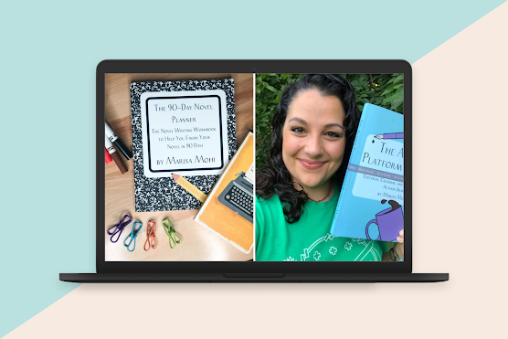 A split-screen image on a laptop showing a planner and writing supplies on the left, and a woman smiling in front of a book on the right.