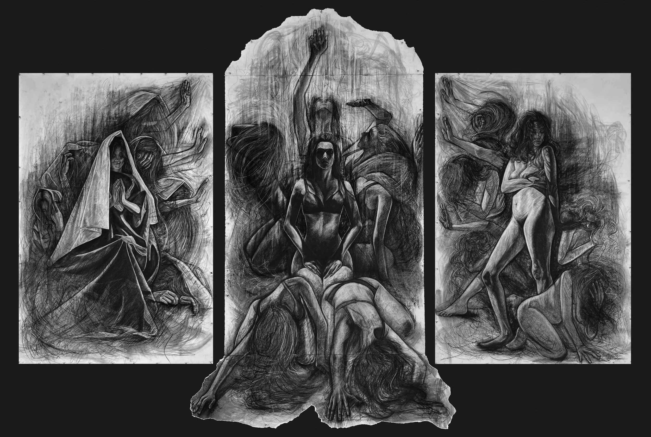 "The Altarpiece (Triptych)", Charcoal on Stonehenge Paper, 12’6” x 8’8”, 2024
