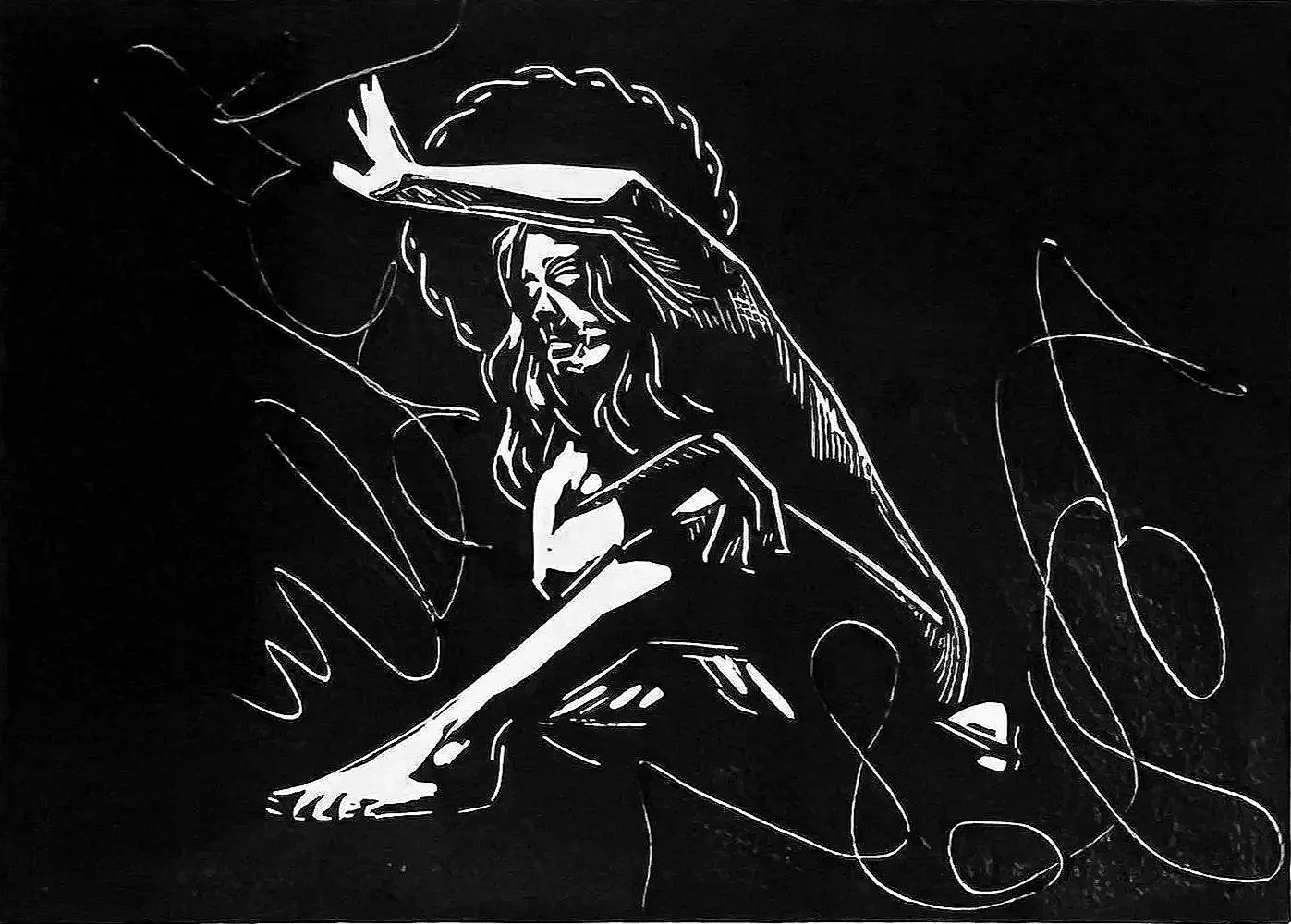"Reaching (2)", linocut