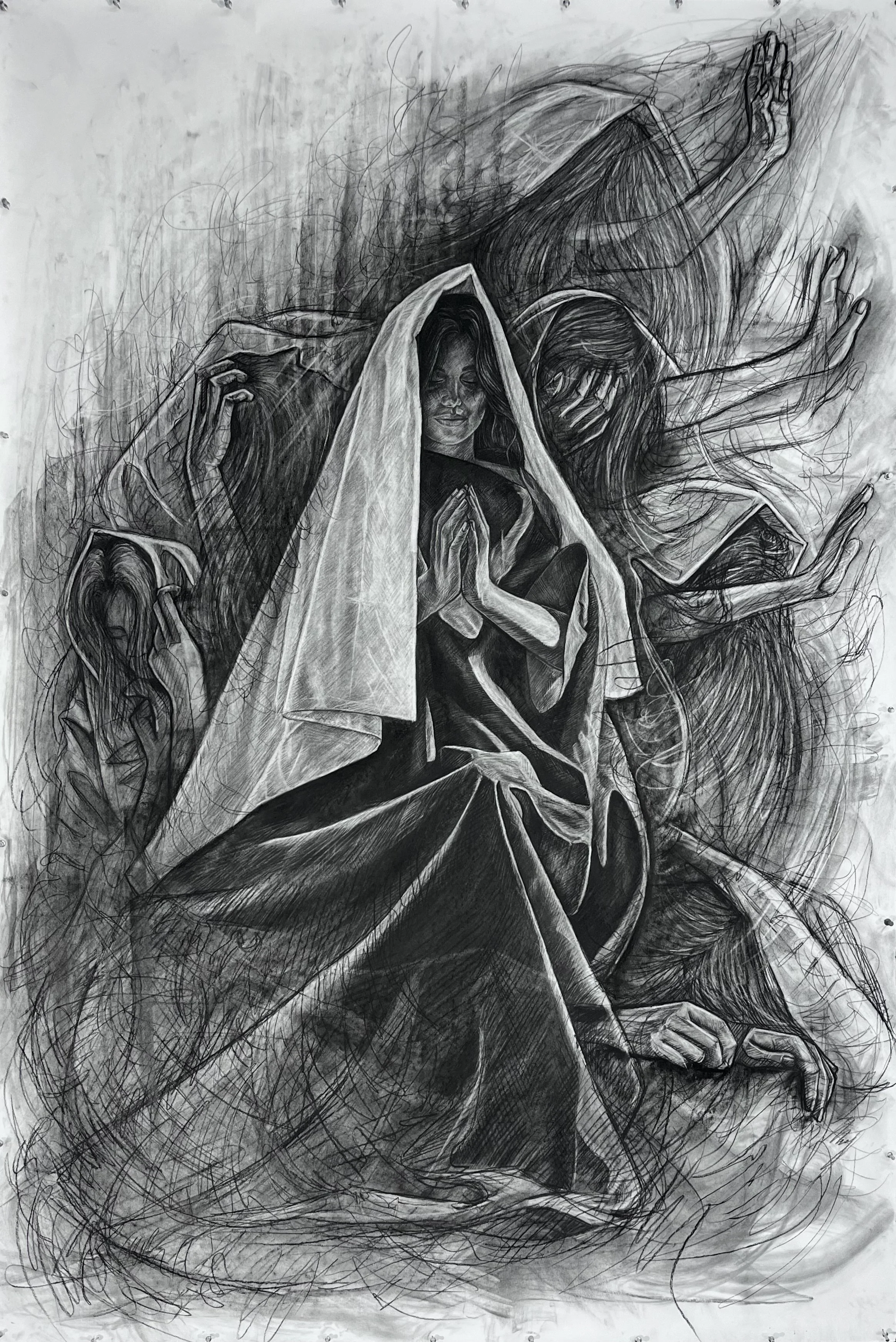 "Mary", Charcoal on Stonehenge Paper, 4’2” x 6’2”, 2024