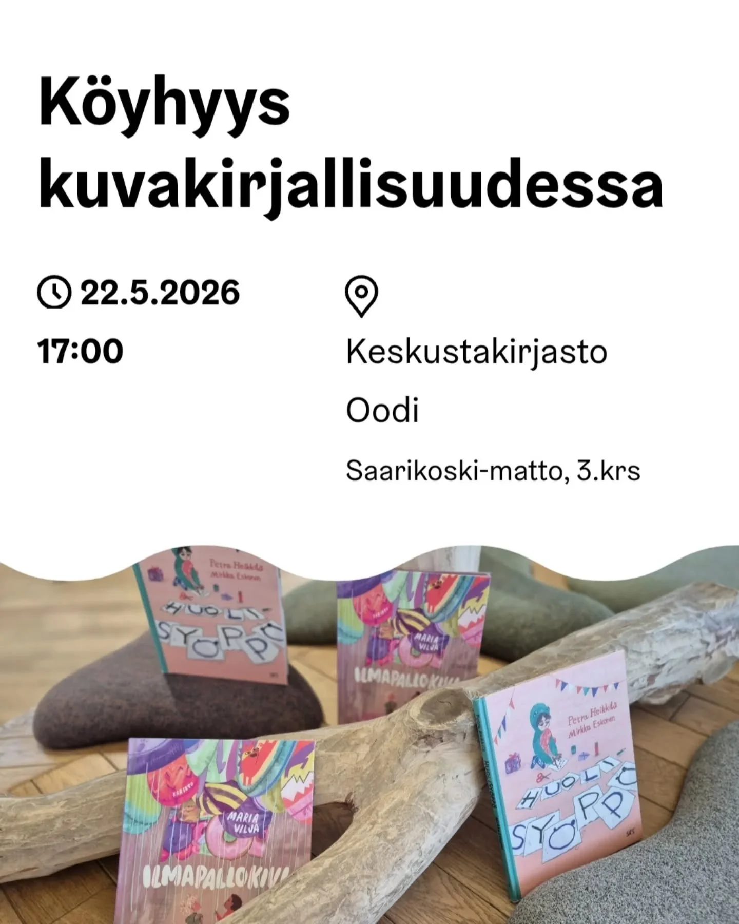 Nyt on luvassa kuvakirja-aiheista ohjelmaa aikuisille! Pe 22.5. suunnatkaa kaikki kuvakirjojen yst&auml;v&auml;t Oodiin klo 17.00 kun Saarikoski-matolla keskustellaan k&ouml;yhyydest&auml; kuvakirjallisuudessa. Paikalla min&auml;, kuvakirjantekij&aum