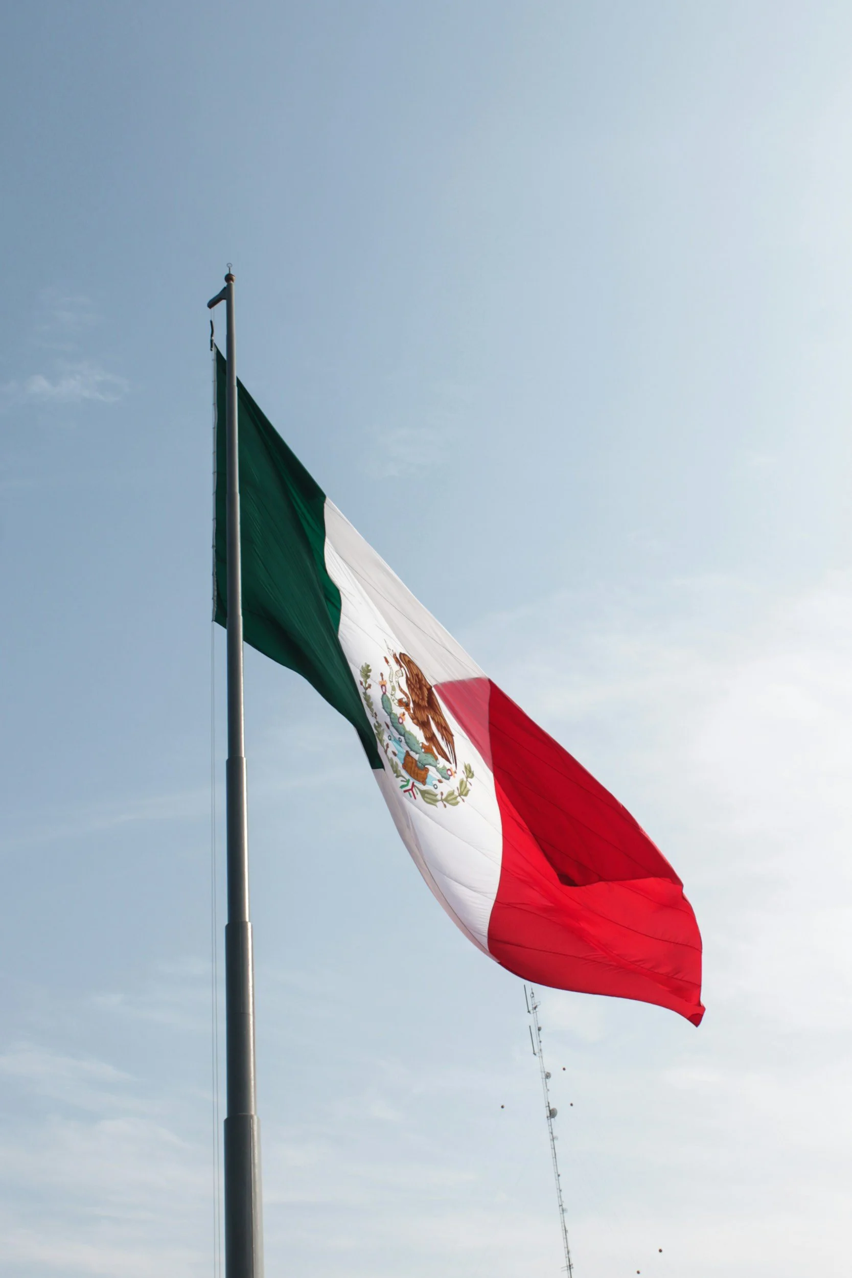 Mexican flag flying on a flagpole against a light cloudy sky.