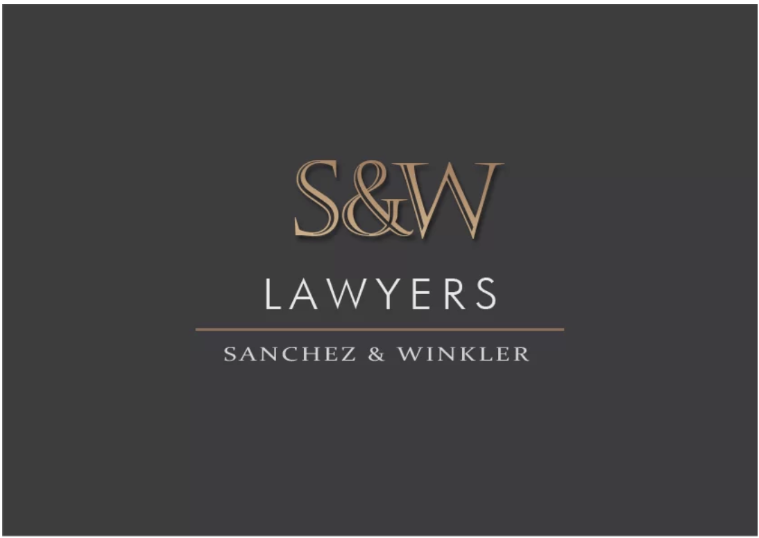 Logo for S&W Lawyers, Sanchez & Winkler, with gold and white text on a dark background.