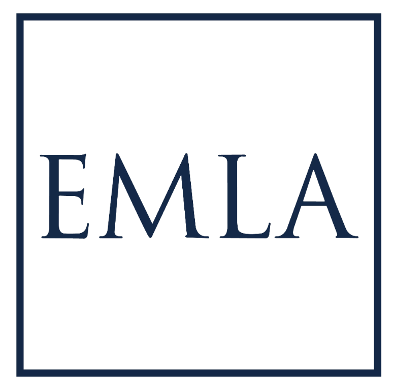 Logo with the word 'EMLA' in large blue letters inside a thin blue border.