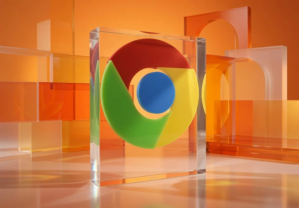 A colorful Google Chrome logo encased in a transparent acrylic plaque with an orange and yellow background for a corporate award