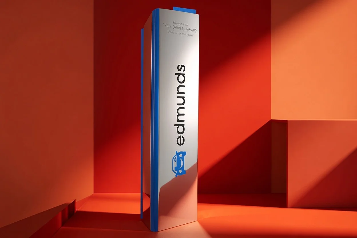 A custom corporate award with the Edmunds logo on a tall, vertical signpost with a red background.