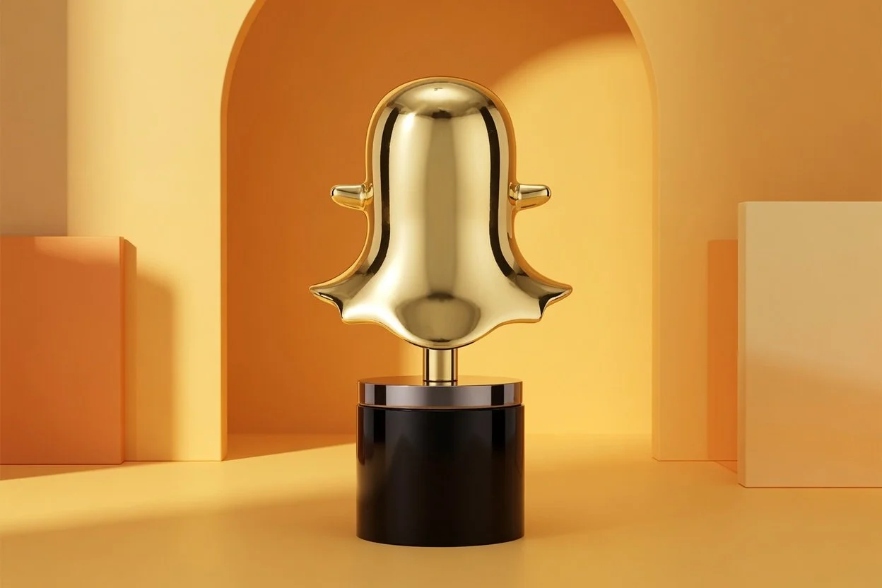 A modern custom corporate award resembling the Snapchat ghost logo, made of reflective gold material, mounted on a black cylindrical base, against a yellow and orange background with geometric shapes.