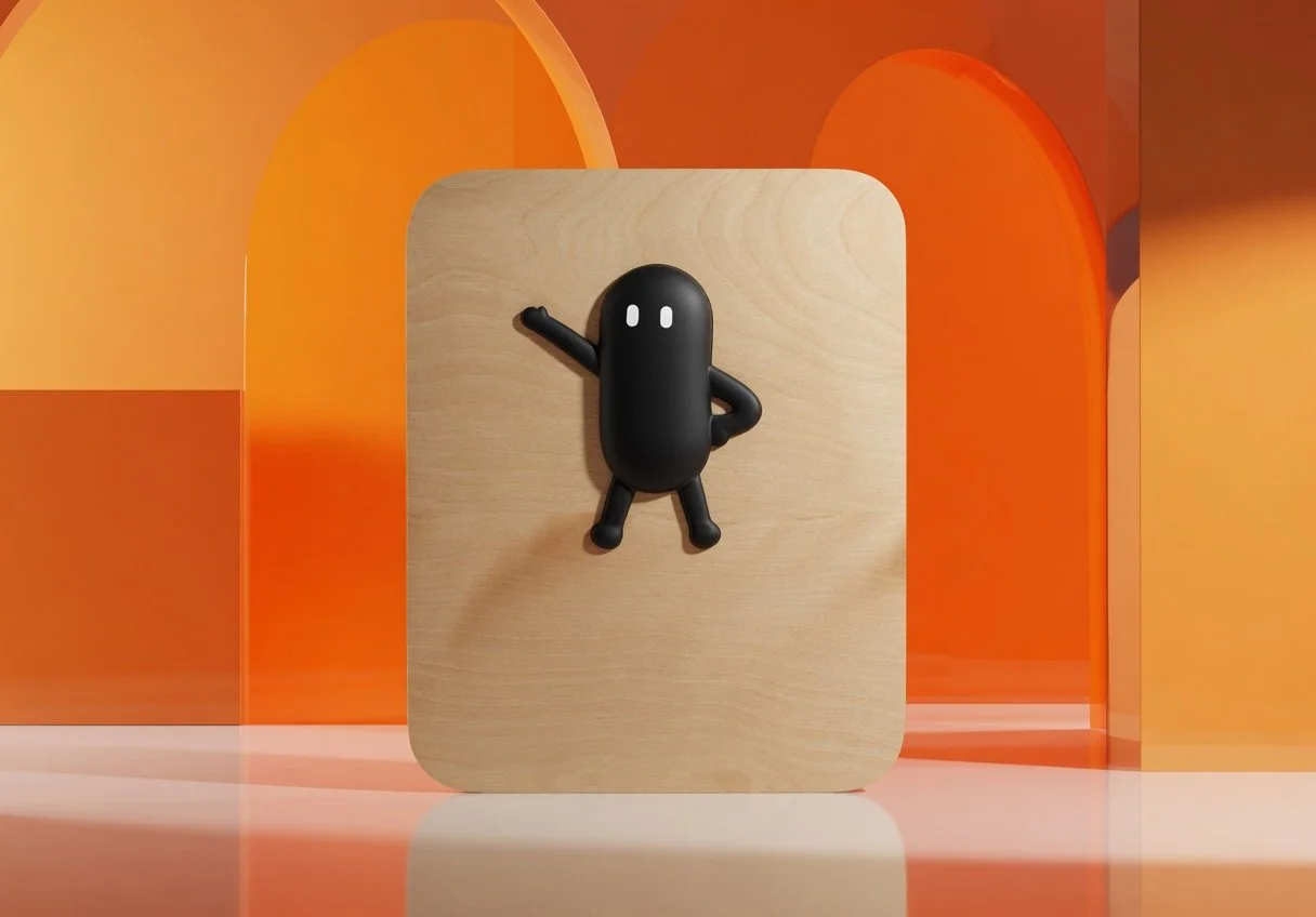 A black, bean-shaped figurine with white eyes, hands on hips and one arm raised in a greeting, standing on a beige rectangular block against a colorful orange background.