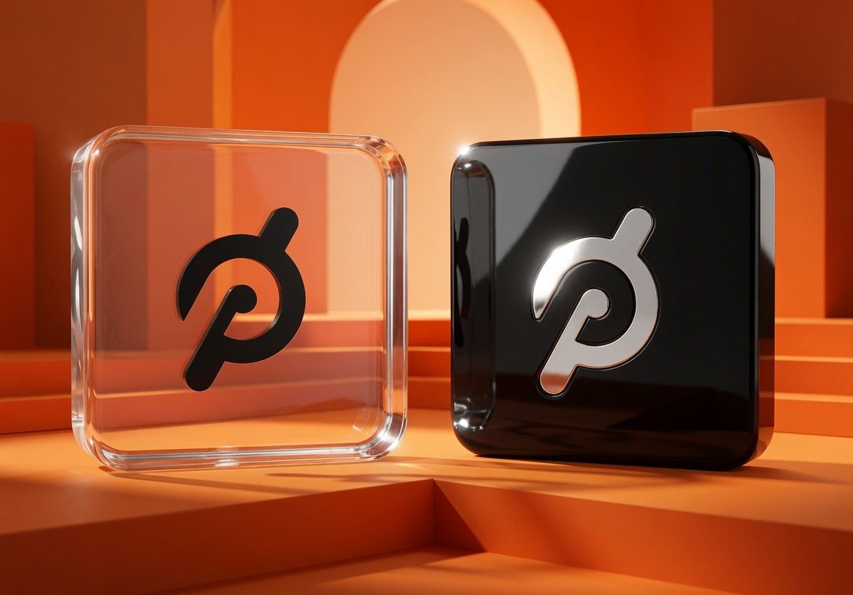 Display of two corporate plaques, one clear crystal and one black, with a black logo featuring a stylized letter P and a curved antenna on a geometric orange background.