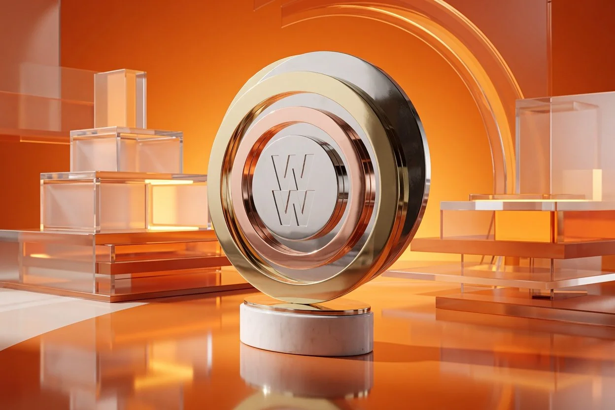 A set of shiny, concentric circular trophy in metallic gold, rose gold, and silver colors, with a logo featuring the letter V in the center, displayed on a marble base against an orange background.
